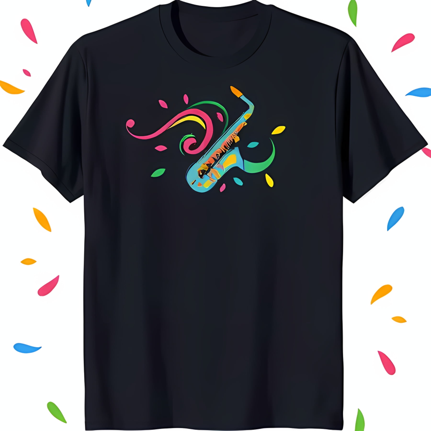 Bold Black TShirt with Vibrant Saxophone Graphic & Colorful Musical