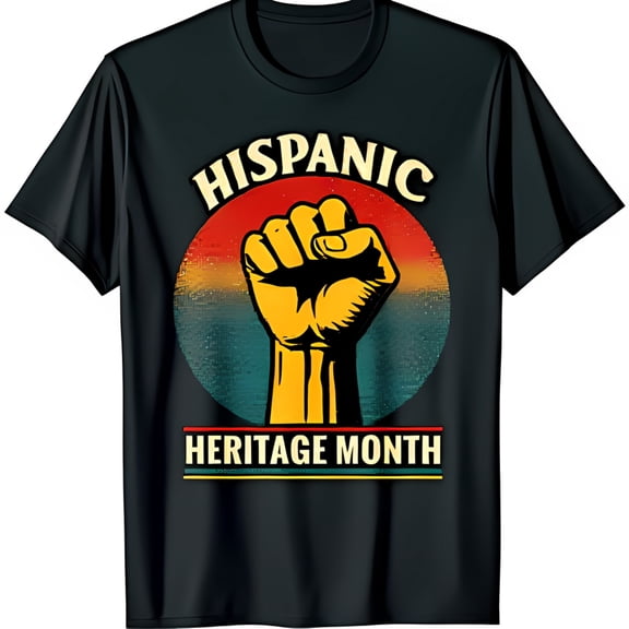 Bold Black T-Shirt with Vibrant Sunset Fist Graphic for Hispanic Heritage Month