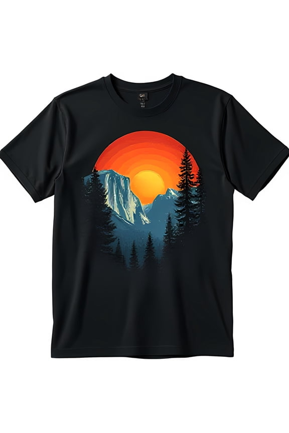 Bold Black T-Shirt with Vibrant Sunset Mountain Graphic Eye Catching Design
