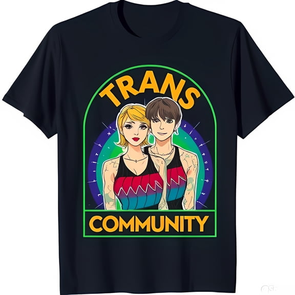 Bold Black T-Shirt with Vibrant 'TRANS COMMUNITY' Graphic Print