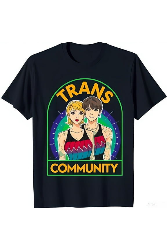 Bold Black T-Shirt with Vibrant 'TRANS COMMUNITY' Graphic Print