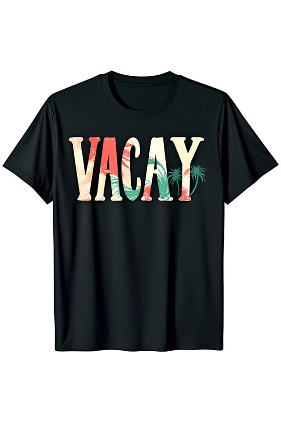 Bold Black T-Shirt with Vibrant VACAY Tropical Graphic Style