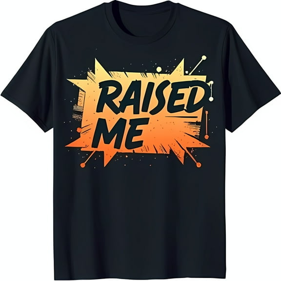 Bold Black T-Shirt with Vibrant Yellow to Speech Bubble Graphic: 'RAISED ME'