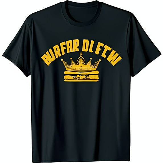 Bold Black T-Shirt with Vintage Golden Crown Burger Graphic BURFAR DL FTW