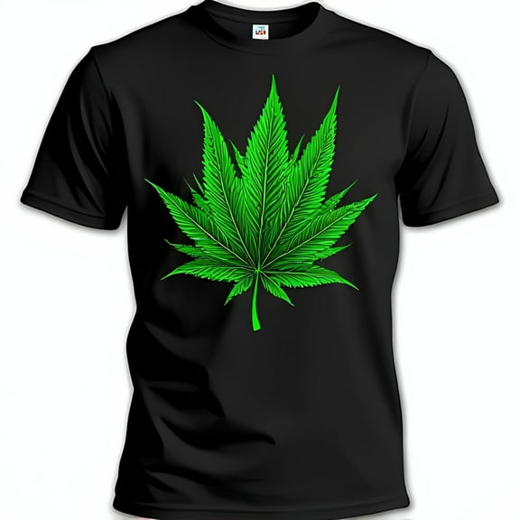 Bold Black T-Shirt with Vivid Green Leaf Graphic Statement Piece