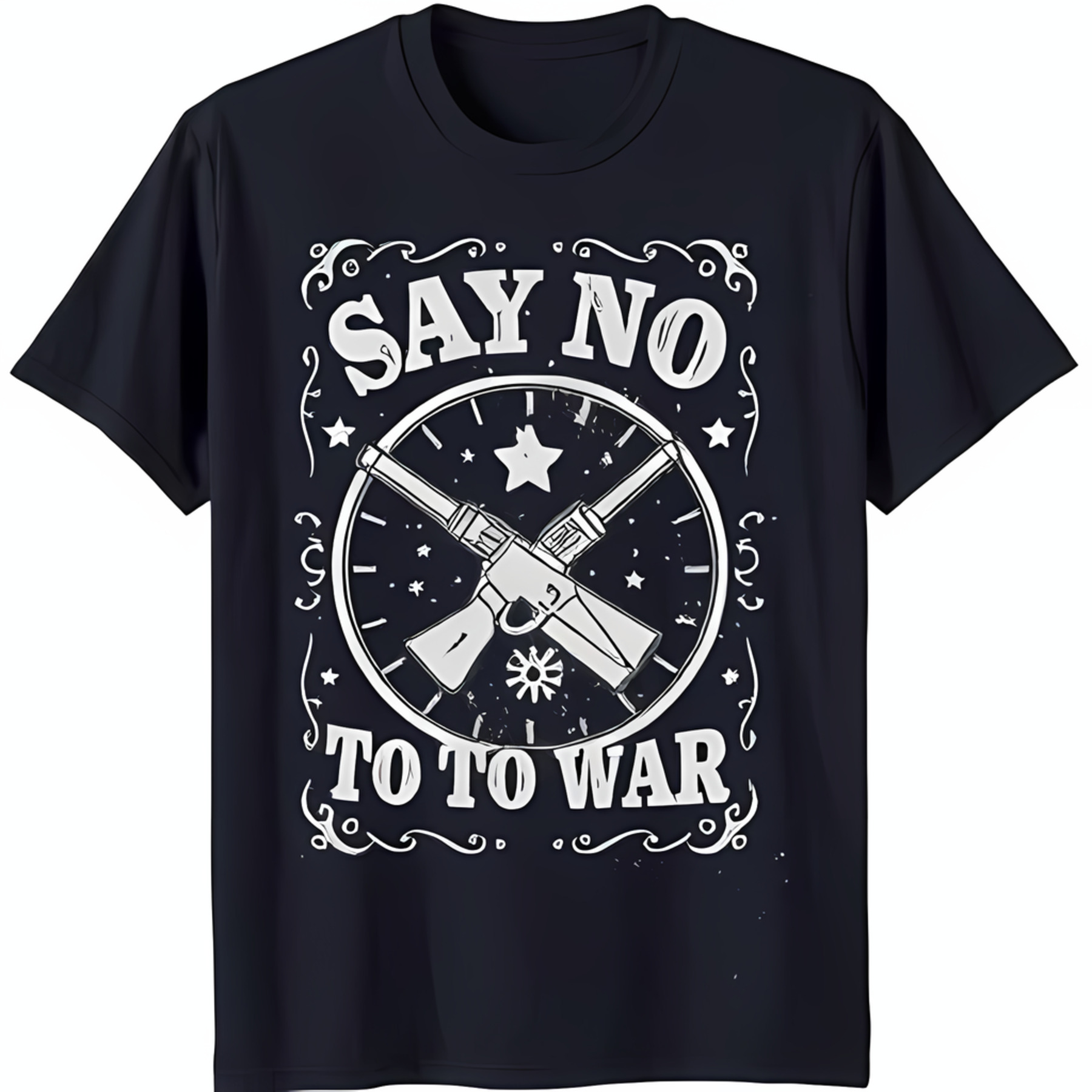 Bold Black TShirt with White Crossed Graphic & 'Say No To War' Design
