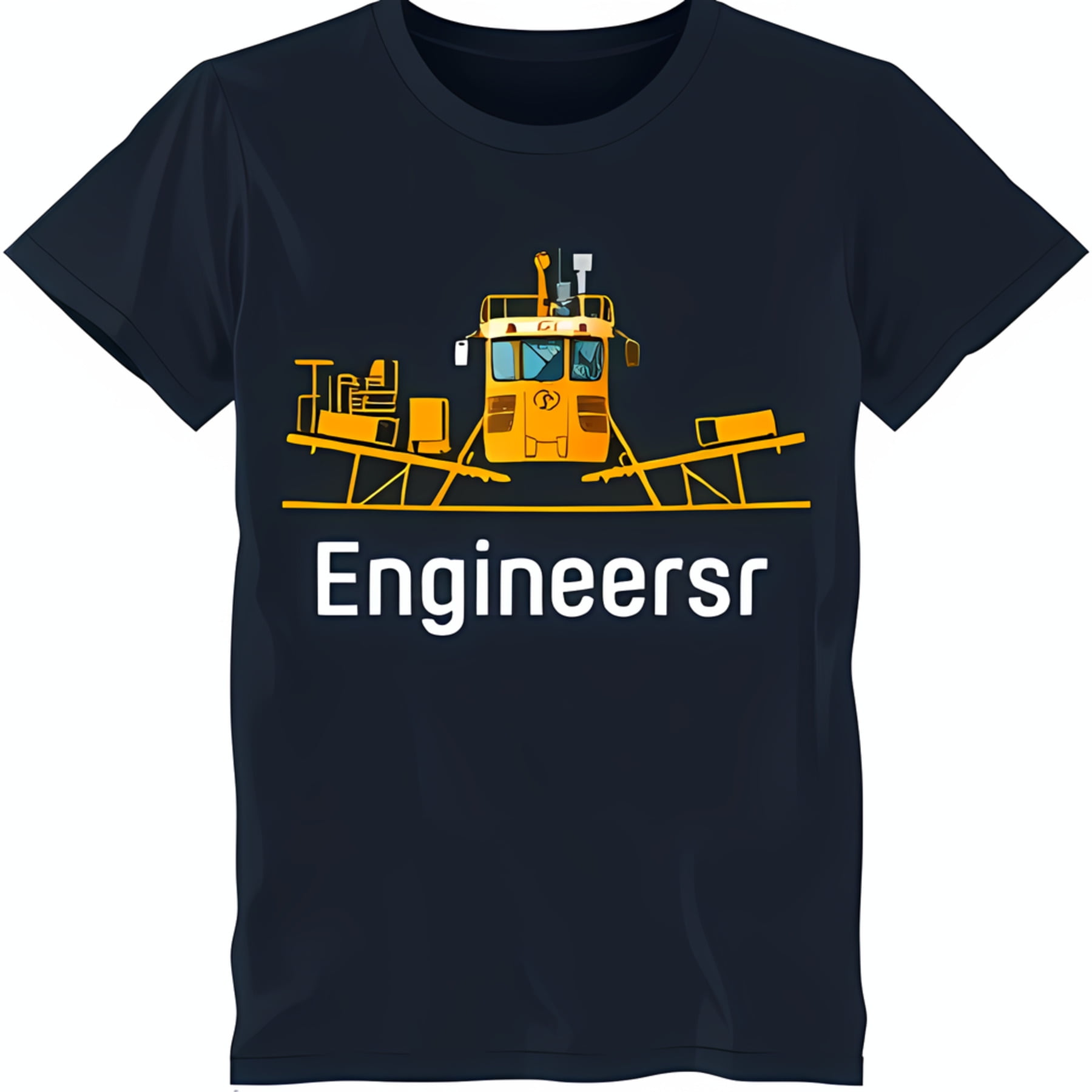 Bold Black TShirt with White 'Engineers' Graphic and Yellow Vehicle