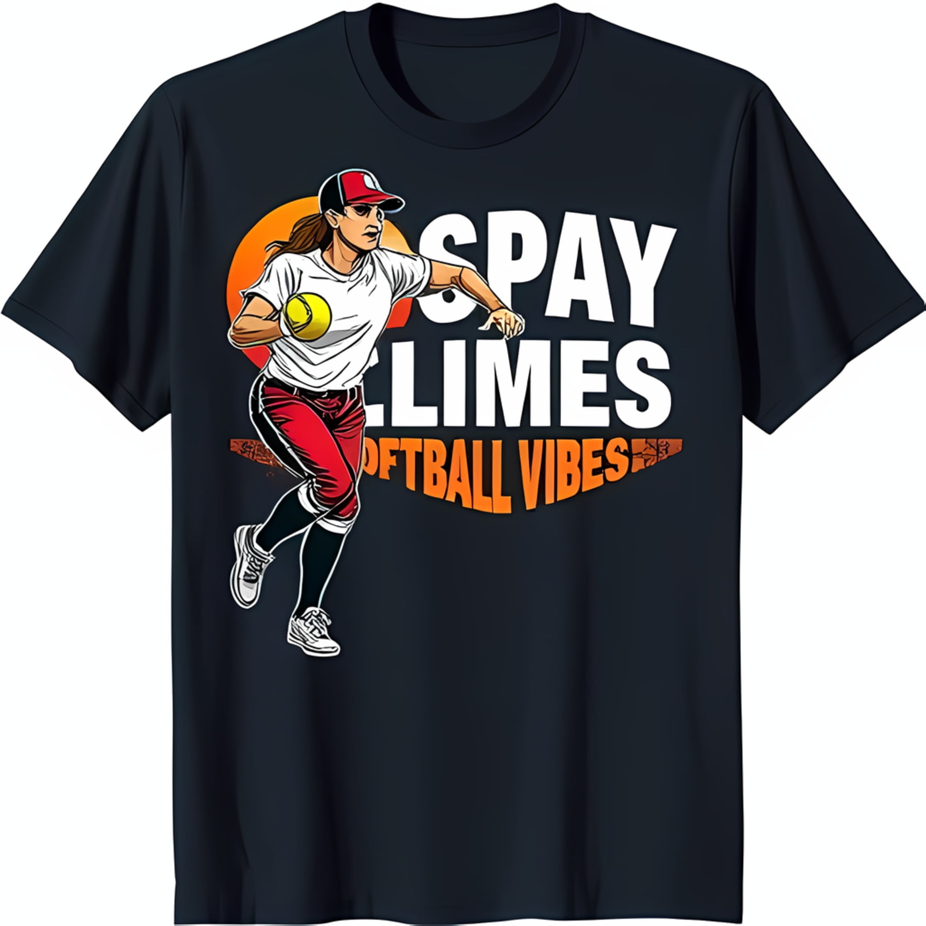 Bold Black TShirt with White Graphic Female Softball Player & 'Spay