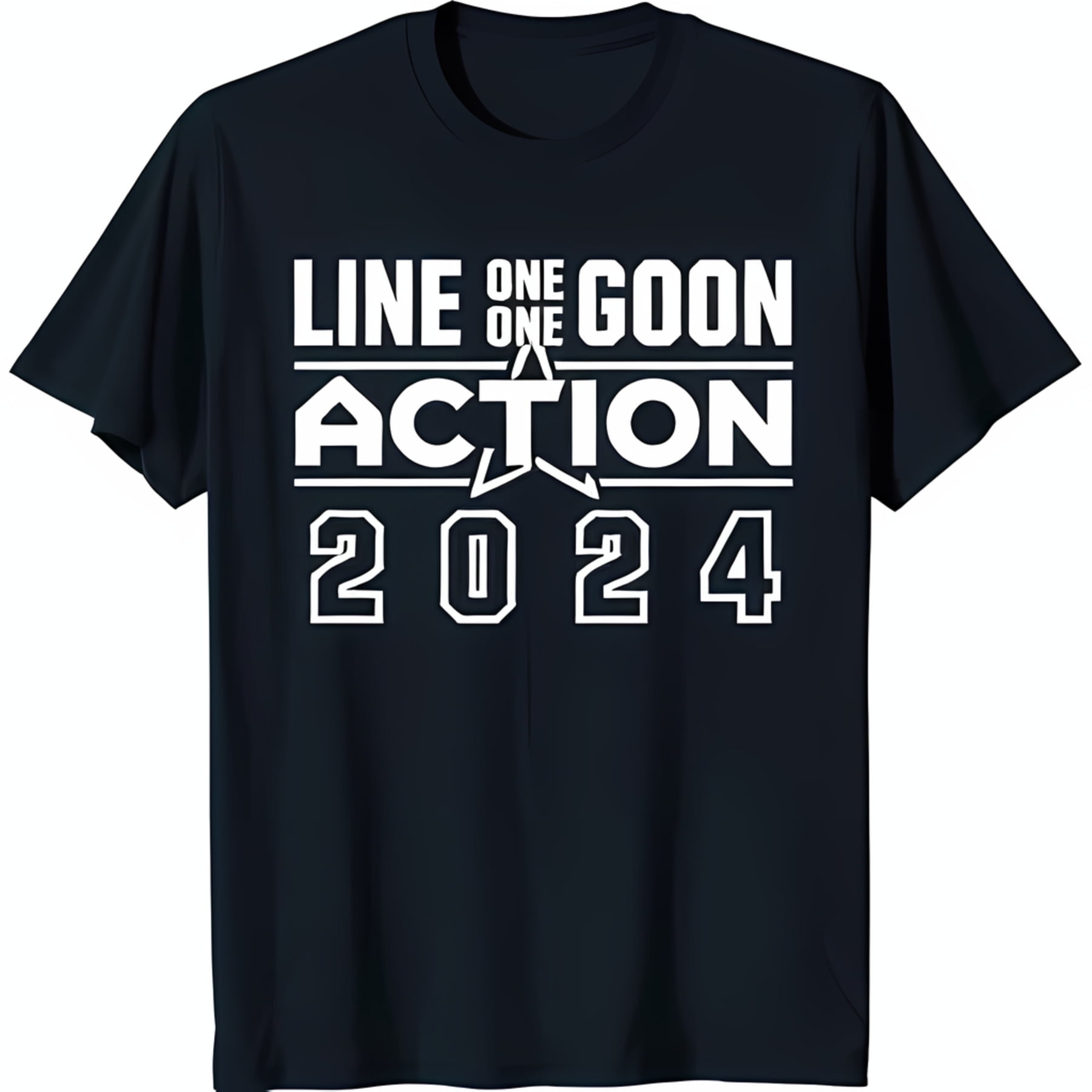 Bold Black TShirt with White Graphic 'Line One One Action 2024' & Star