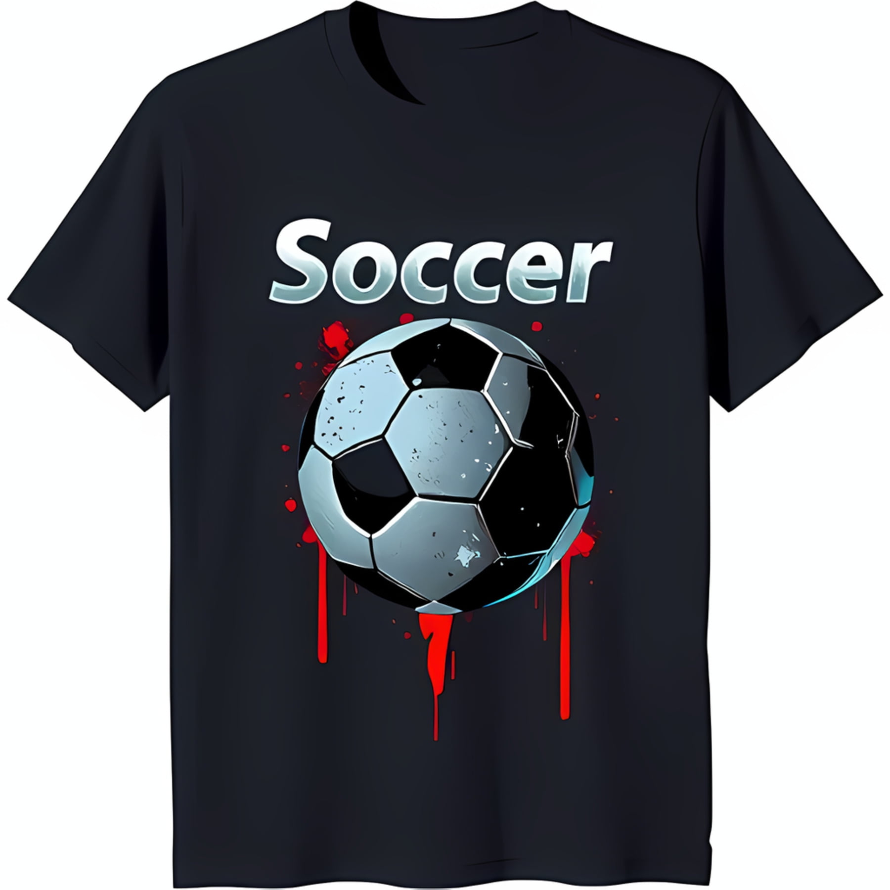 Bold Black TShirt with White Soccer Ball Graphic and Red Splash