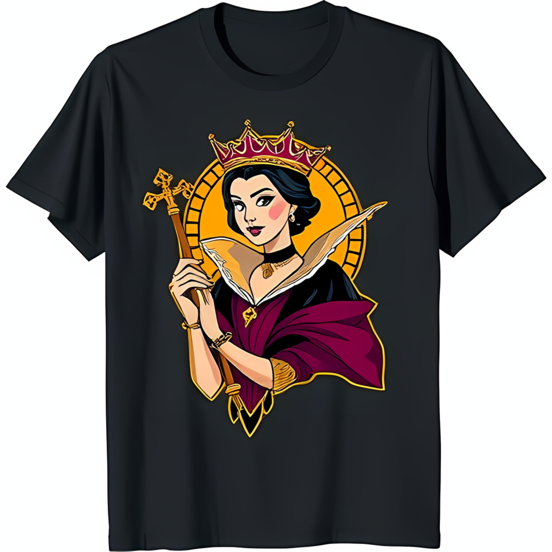 Bold Black TShirt with Woman in Red Dress & Gold Crown Design