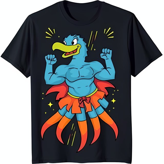 Bold Blue Bird in Red Skirt & Cape Cartoon Style Graphic Tee for Men