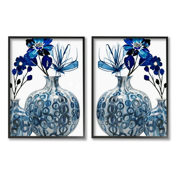 Bold Blue Ikebana Patterned Vase Botanical & Floral Graphic Art Black Framed Art Print Wall Art, Set of 2