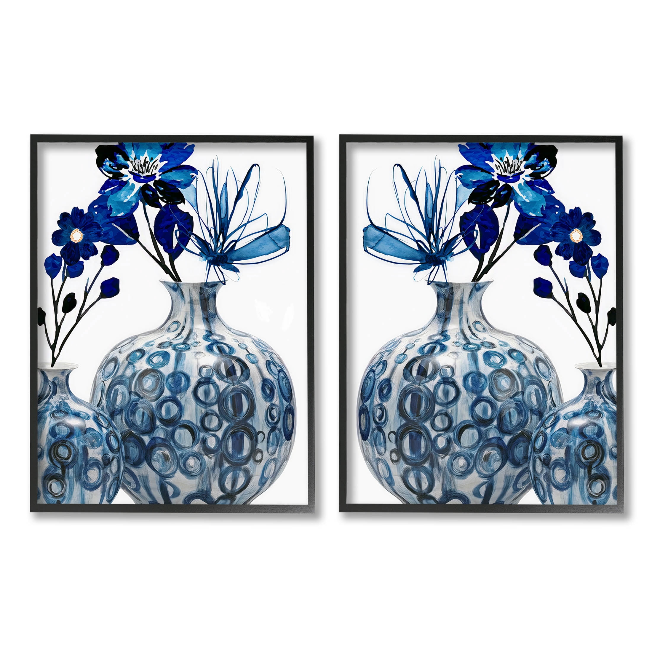 Bold Blue Ikebana Patterned Vase Botanical & Floral Graphic Art Black Framed Art Print Wall Art, Set of 2