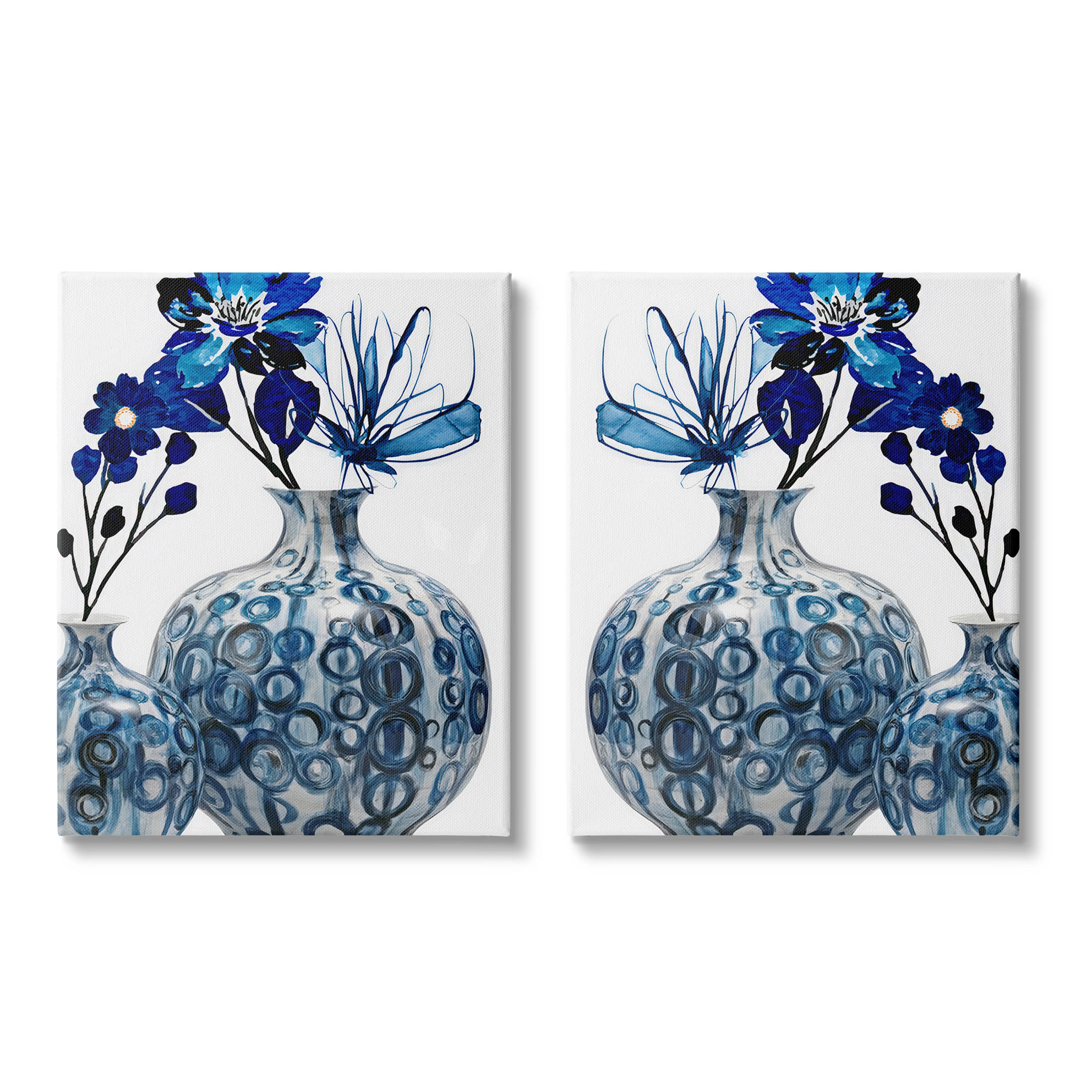 Bold Blue Ikebana Patterned Vase Botanical & Floral Graphic Art Gallery Wrapped Canvas Print Wall Art, Set of 2
