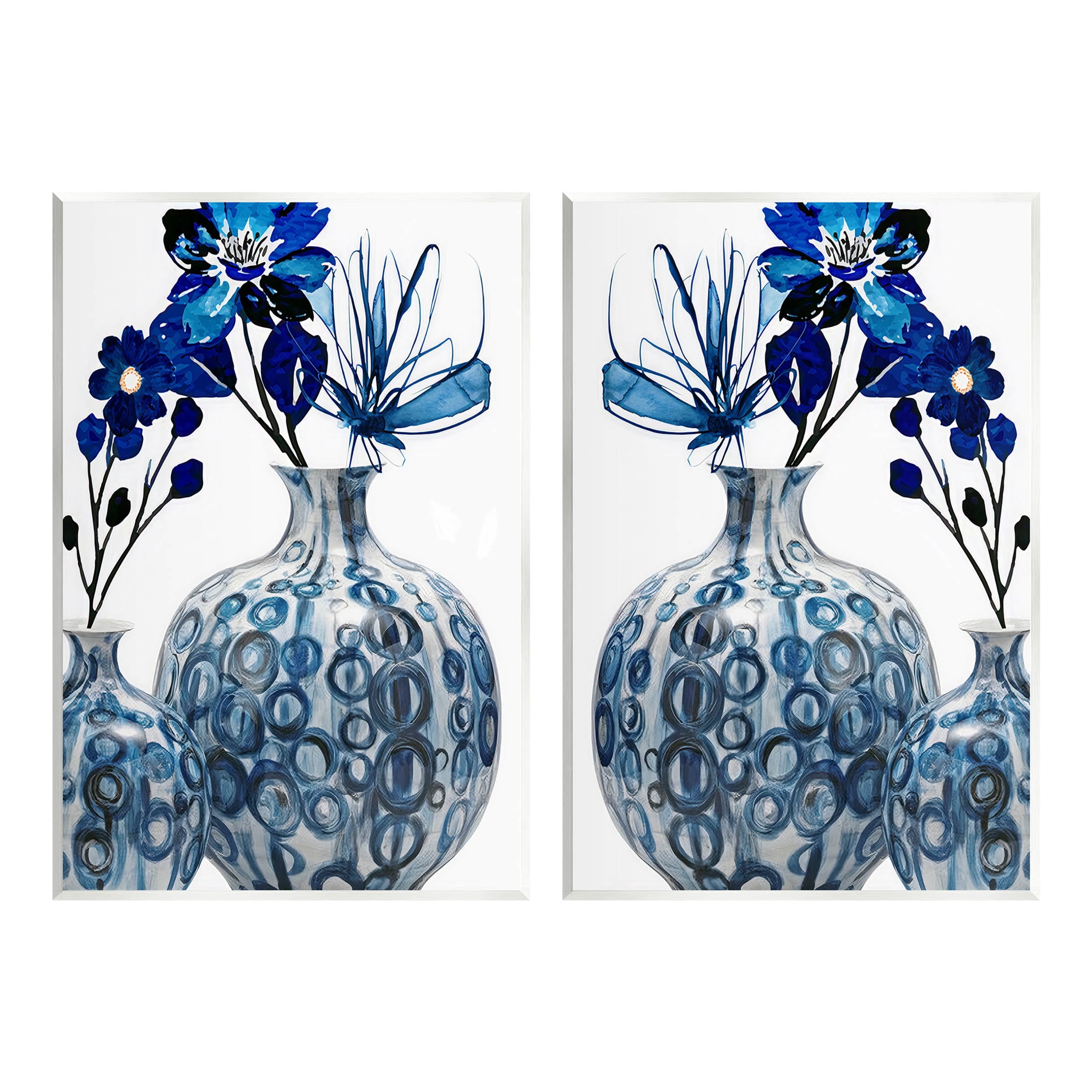 Bold Blue Ikebana Patterned Vase Botanical & Floral Graphic Art Unframed Art Print Wall Art, Set of 2