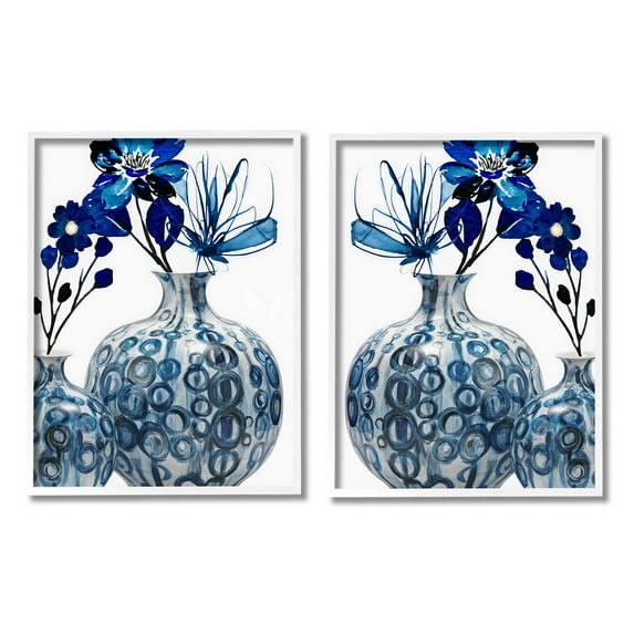 Bold Blue Ikebana Patterned Vase Botanical & Floral Graphic Art White Framed Art Print Wall Art, Set of 2