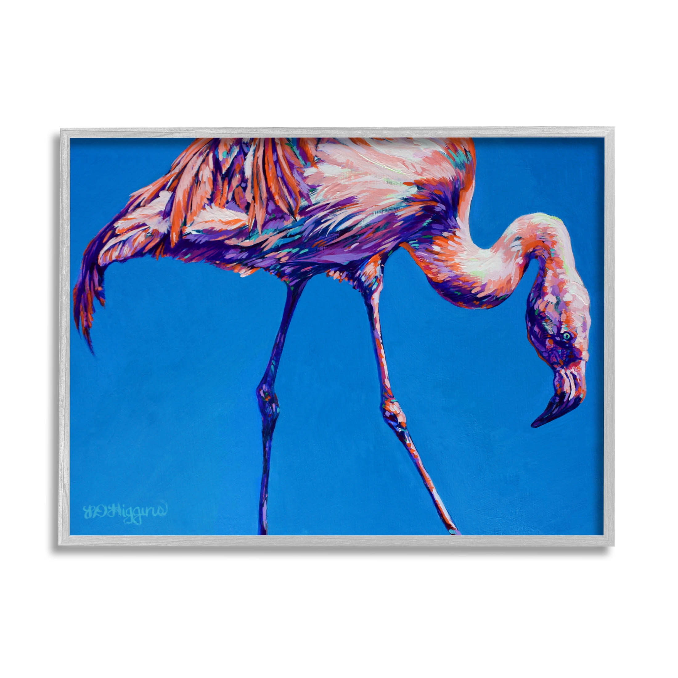 Bold Blue Modern Flamingo Animals & Insects Graphic Art Gray Framed Art Print Wall Art