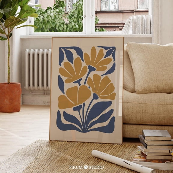 Bold Blue Mustard Abstract Botanical Wall Art, Mediterranean Farmhouse Print, Eclectic Floral Statement Decor, Maximalist Living Room, UNFRAMED PAPER POSTER, Home Decor, Living Room Dercor