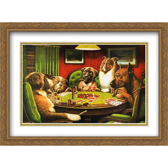 Bold Bluff / Dogs Playing Poker 2x Matted 29x23 Large Gold Ornate Framed Art Print by Cassius Marcellus Coolidge