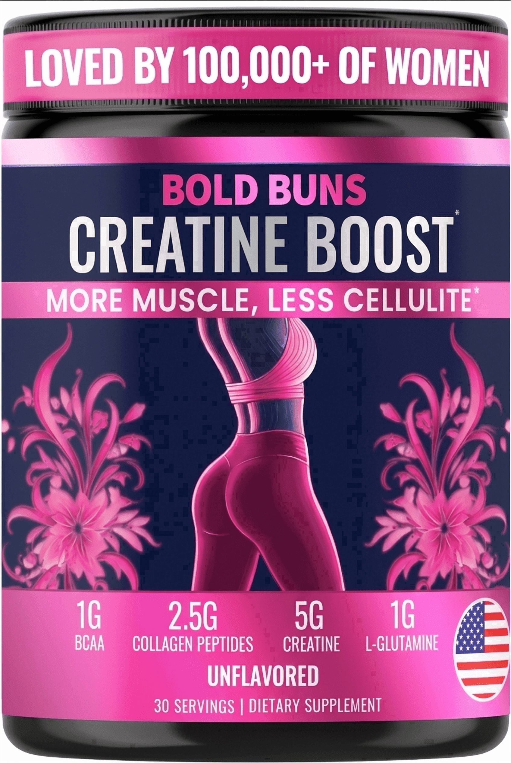 Bold Buns Creatine for Women – Supplement with Collagen & BCAA – Supports Muscle Development, Post-Workout Recovery, Skin Elasticity, Healthy Hair & Nail (30 Servings - Unfavored)