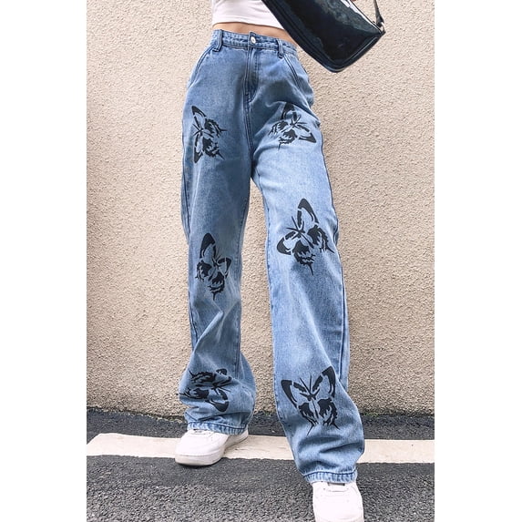 Bold Butterfly Print Loose Fit Jeans