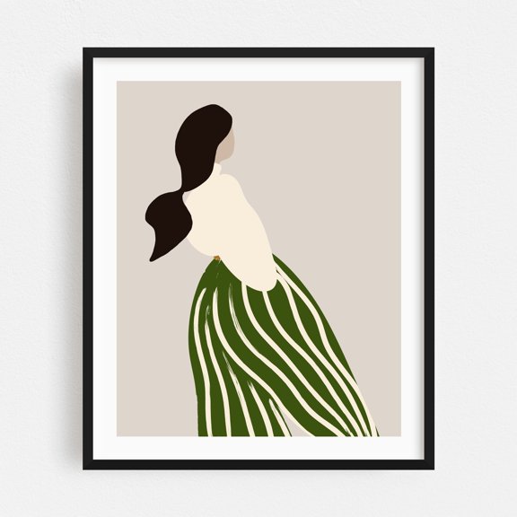 Bold & Chic: Fashion Illustration of a Woman in White Blouse & Green Striped Puffy Pants - Illustration Minimalist Abstract Fashion Modern Art Line Art Boho Black Framed Wall Art Print 6 x 8 inches