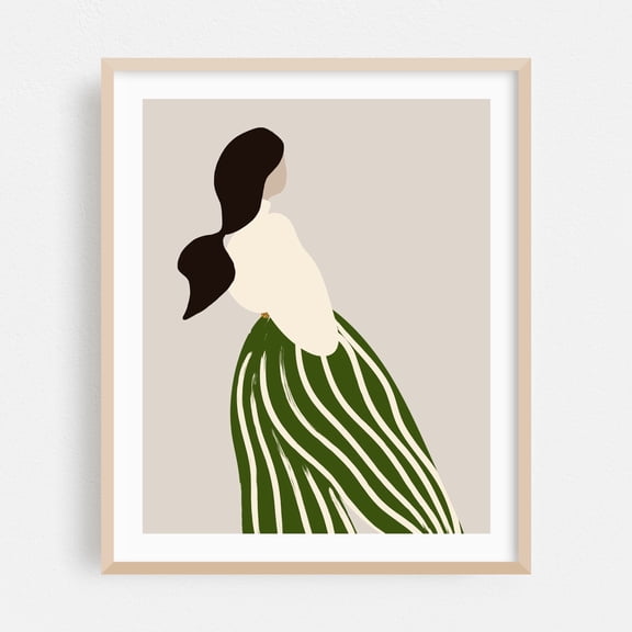Bold & Chic: Fashion Illustration of a Woman in White Blouse & Green Striped Puffy Pants - Illustration Minimalist Abstract Fashion Modern Art Line Art Boho Oak Framed Wall Art Print 6 x 8 inches