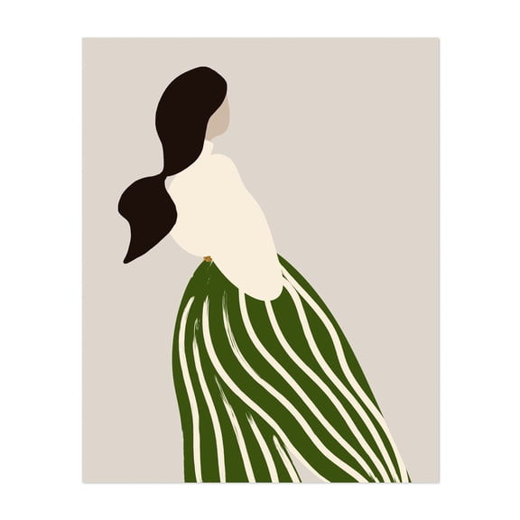 Bold & Chic: Fashion Illustration of a Woman in White Blouse & Green Striped Puffy Pants - Illustration Minimalist Abstract Fashion Modern Art Line Art Boho Unframed Wall Art Print 6 x 8 inches