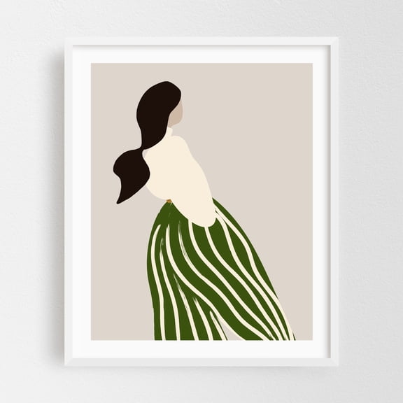 Bold & Chic: Fashion Illustration of a Woman in White Blouse & Green Striped Puffy Pants - Illustration Minimalist Abstract Fashion Modern Art Line Art Boho White Framed Wall Art Print 6 x 8 inches
