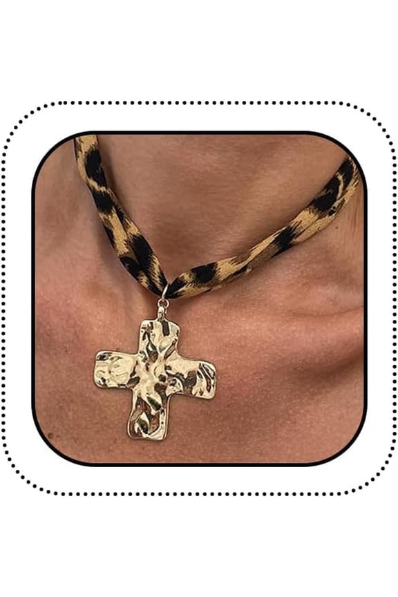Bold Chunky Gold Big Cross Conch Leopard Rope Necklaces for Women, Statement Thick Hammered Textured Pendant Necklace Jewelry Costume Accessories Gift