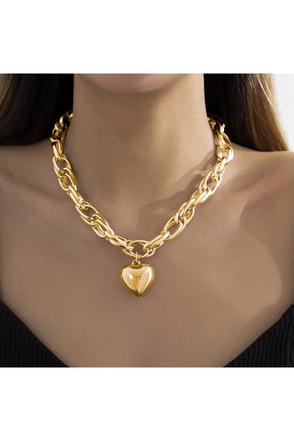 Bold Chunky Link Chain Heart Pendant Necklace, 2-Tone Silver/Gold Statement Choker for Women