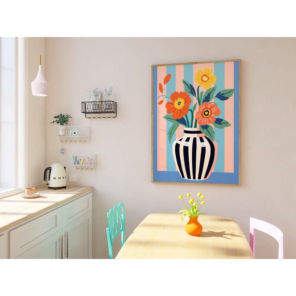 Bold Colored Flower Bouquet Minimalist Floral Vibrant Blue Stripes Art, Unframed Paper Poster 8x10in