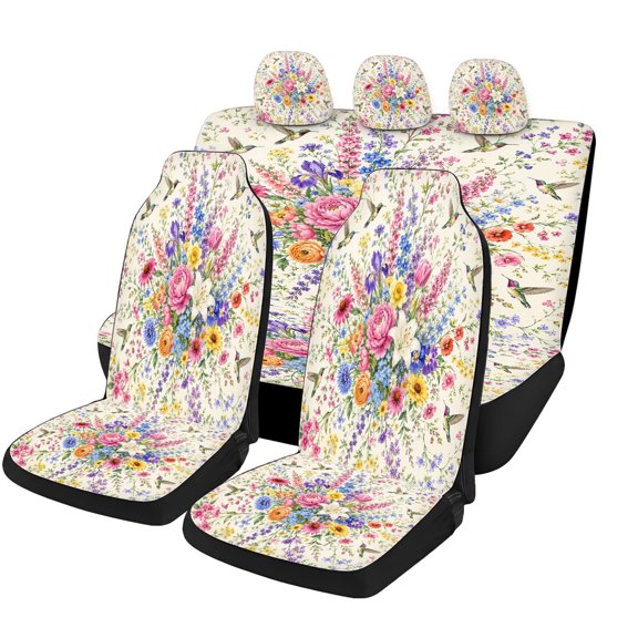 Bold Colorful Field Flower Car Seat Covers Full Set, Universal Auto Seat Covers with Front Seat Covers, Rear Bench Cover and Headrest Covers for Cars SUVs Trucks Vans