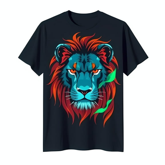 Bold Colorful Lion Face Graphic T-Shirt Vibrant Red & Fiery Eyes on Black Background