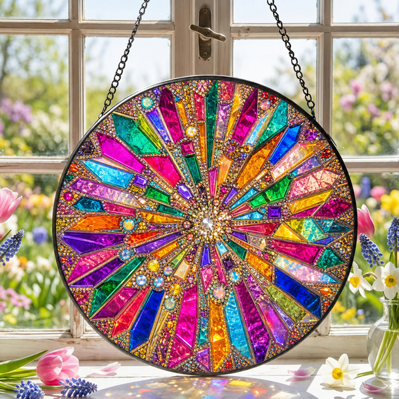 Bold Colorful Stained Glass Suncatcher Rainbow Mosaic Circle for Maximalist Decor