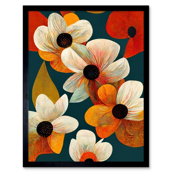 Bold Colourful Daisies and Poppy Flowers Cobalt Orange Art Print Framed Poster Wall Decor 12x16 inch