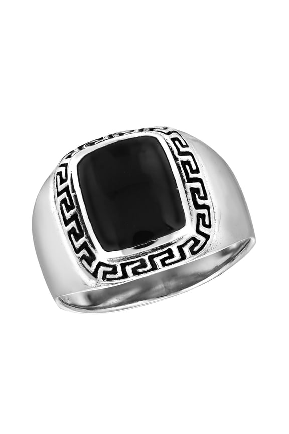 Bold Contemporary Inlaid Black Onyx Greek Key Frame Sterling Silver Ring-7