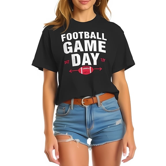 Bold Cotton Short Sleeve T-Shirt for Women - 'FOOTBALL GAME DAY' Graphic Tee with Playful Football Illustration Perfect for Game Day Gatherings