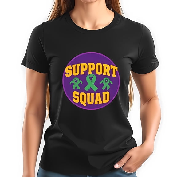 Bold Cotton Short Sleeve T-Shirt with Purple Circle Graphic & " SUPPORT SQUAD " in Yellow Teal Awareness Ribbon Design