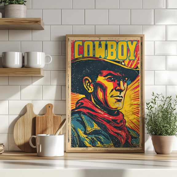 Bold Cowboy Portrait Vintage Comic Style Western Retro Sunburst Wild West Pop Art Decor, Unframed Poster