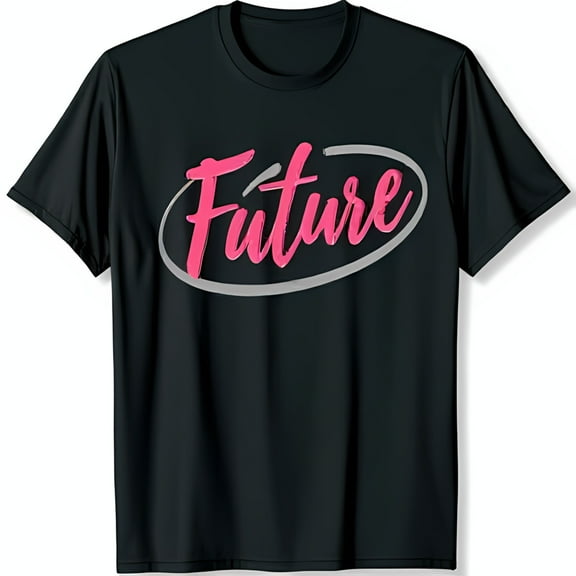 Bold Cursive Future Graphic Black T-Shirt with Silver Oval Design Short Sleeve