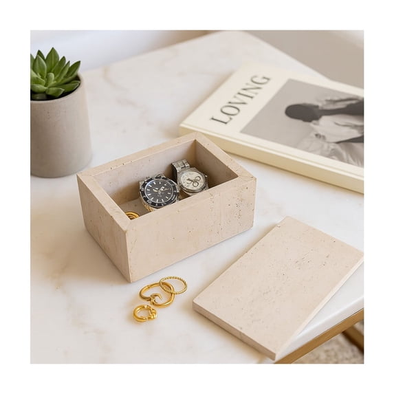 Rectangular Travertine Decorative Boxes for Home Decor - Keepsake Storage Box with Lid for Shelf and Living Room Styling - Modern Storage Organizer for Jewelry and Small Accessories - 3", Tan
