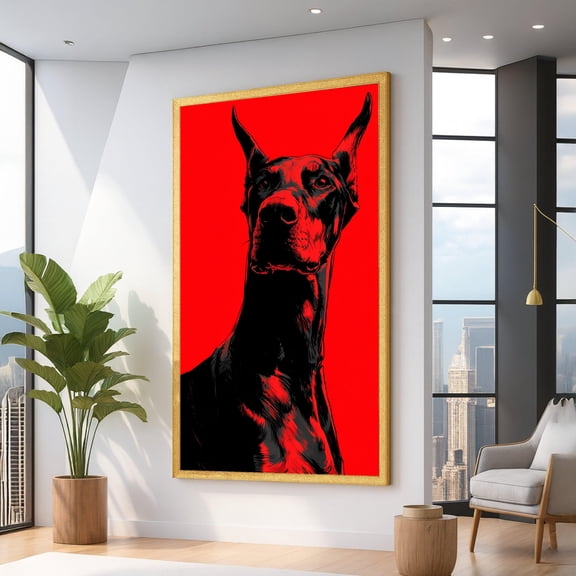 Bold Doberman Portrait, Modern Dog Wall Art, Red And Black Pet Illustration, Canine Home Decor, Statement Print UNFRAMED Poster, Wall Art for Decor, Present, 24x36