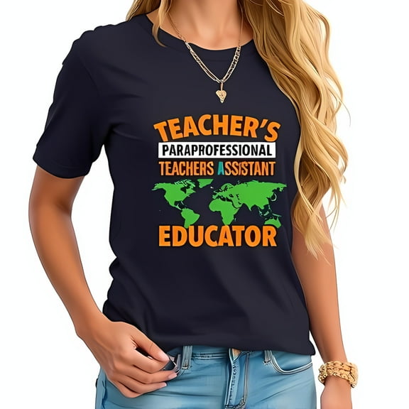 Bold Educator Cotton Short Sleeve T-Shirt - Teacher's Paraprofessional & Assistant Design with Green World Map Graphic