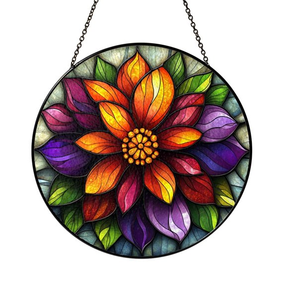 Bold Floral Design Round Window Hanging – Stained Glass Style
