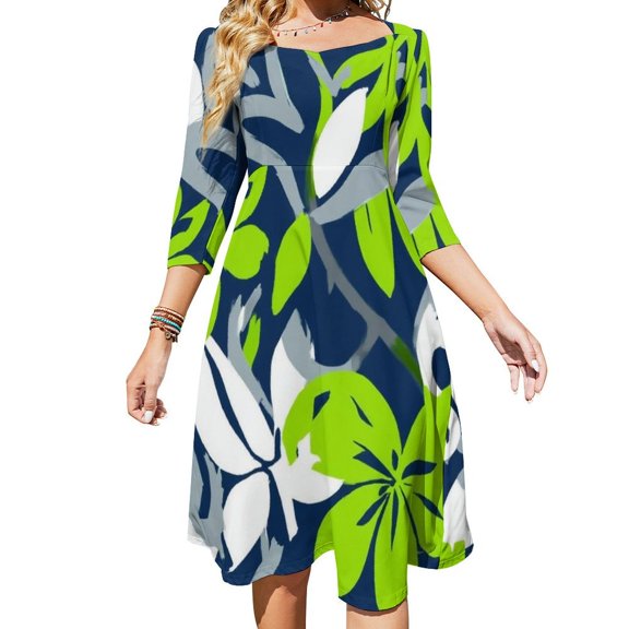 Bold Floral Lime Green Navy White Womens Summer Dress Tie Back A Line Flare Dress