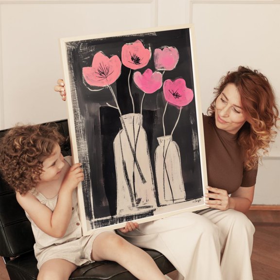 Bold Floral Pink Flowers In Vase Print, Black And Whitemodern Minimalist Decor, Abstract Flower Art Wall Art, Modern Wall Decor, 16x24 UNFRAMED