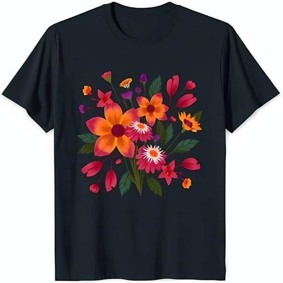Bold Floral Print on Dark Blue T-Shirt Vibrant Pink Red Flowers with Green Leaves