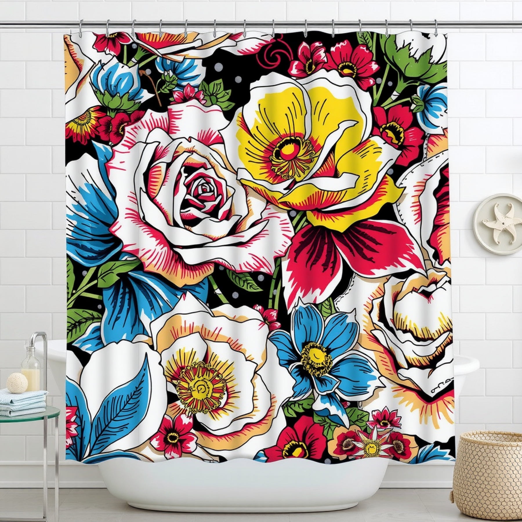 Bold Floral Shower Curtain Black with Polka Dots, Colorful Roses